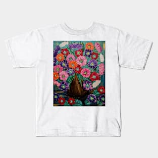 Fun and cheerful abstract flowers in a vintage gold vase Kids T-Shirt